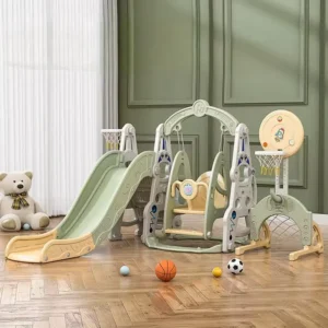 Kids 5-in-1 Playset Kinderplay Astronaut ,   Slide, Swing, Basketball Hoop, Soccer Goal, Included Balls, green