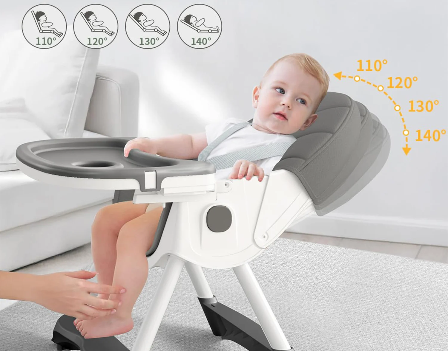 Children, s High Chair Play Chair, Suitable for Ages 6, 36 Months, Adjustable Height, Removable Tray, Safety Harness, gray - Image 3