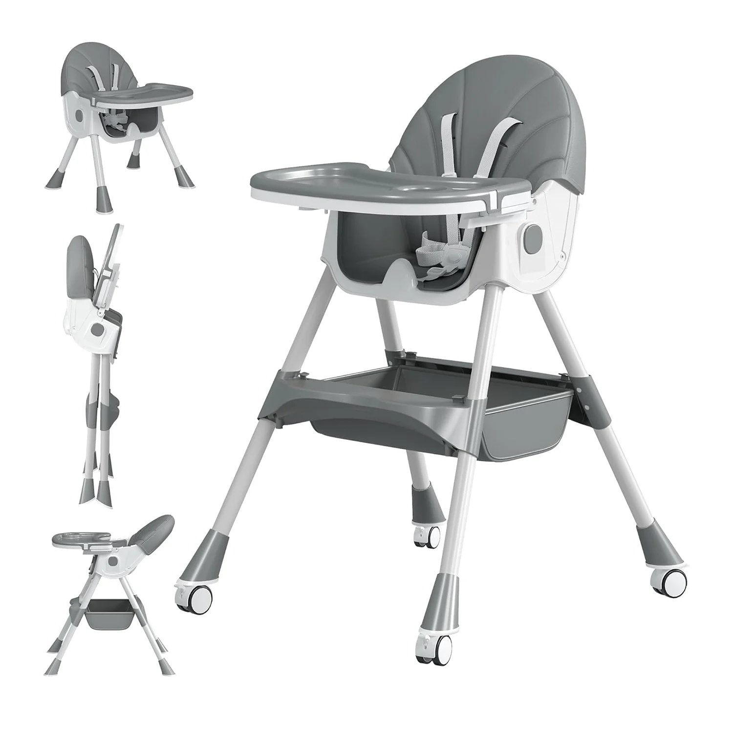 Children, s High Chair Play Chair, Suitable for Ages 6, 36 Months, Adjustable Height, Removable Tray, Safety Harness, gray