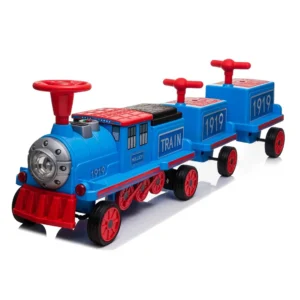 Kids Electric Train with 2 Additional Wagons for 4 Children, 12V 14Ah, 180W, Blue